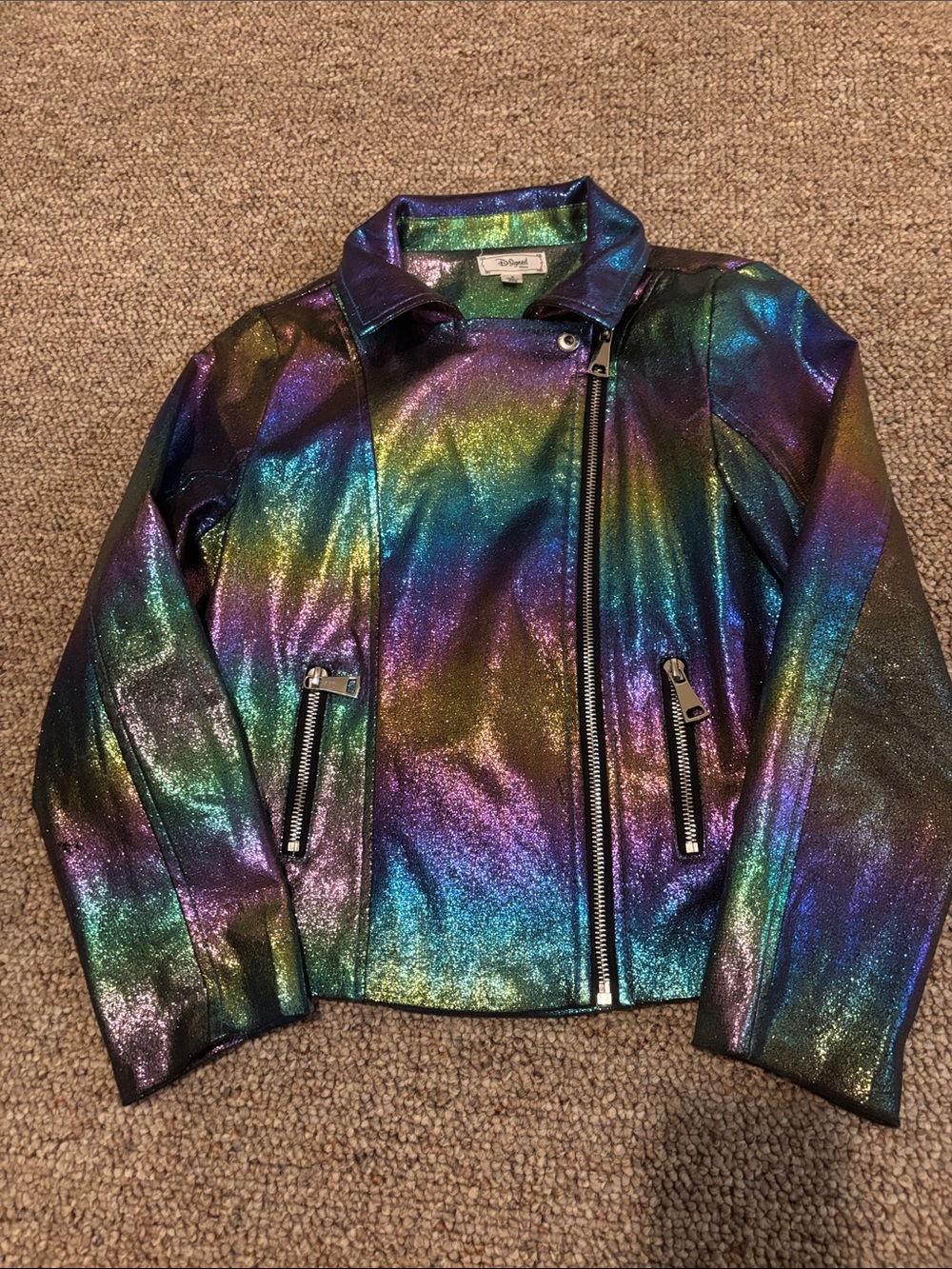 Disney Girls Iridescent Rainbow Moto Jacket - Purple Blue Green Gold